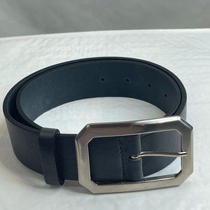 Theory Womens Black Leather Large Silver Tone Buckle Adjustable Waist Belt OS